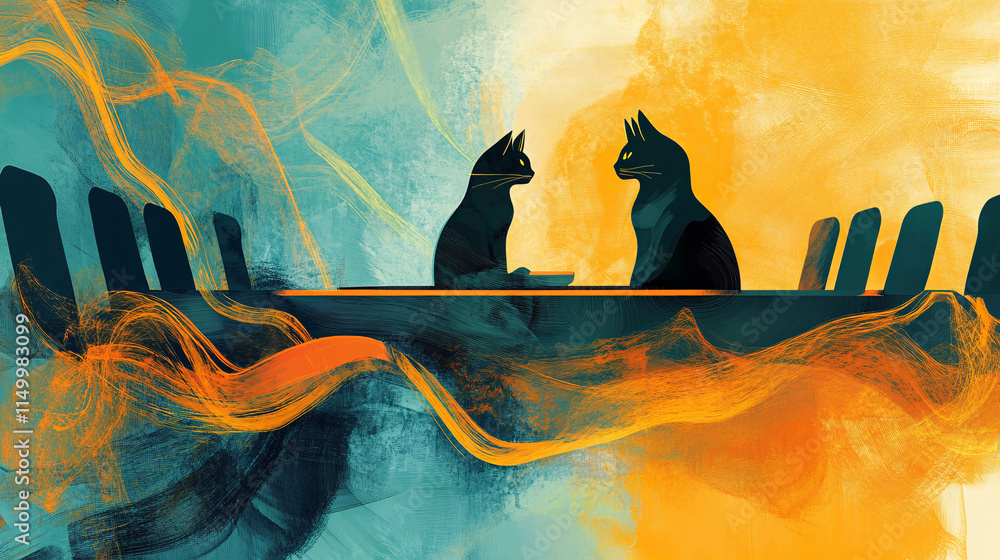 Poster an abstract portrayal of a cat at a conference table, surrounded by flowing lines and shapes that co