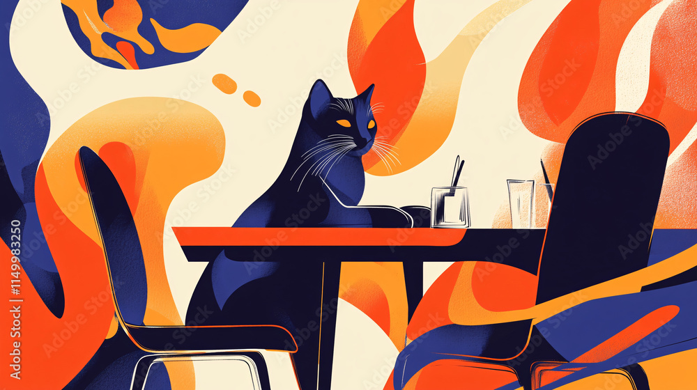 Poster an abstract portrayal of a cat at a conference table, surrounded by flowing lines and shapes that co