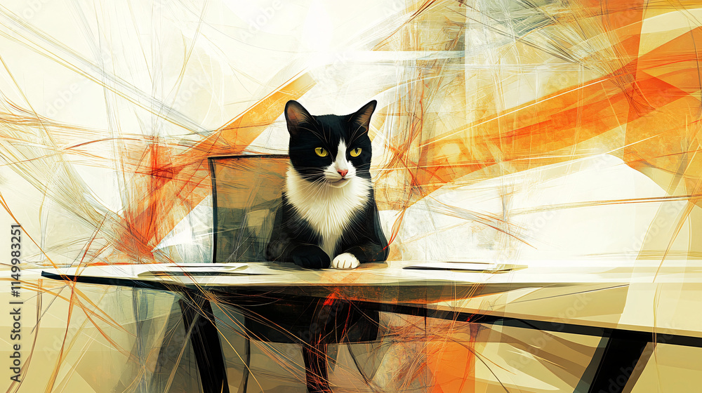 Poster an abstract portrayal of a cat at a conference table, surrounded by flowing lines and shapes that co