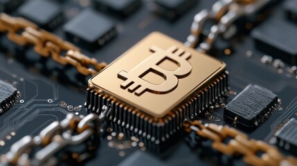 A close-up of a microchip with a prominent Bitcoin symbol, foregrounded against blurred circuitry, symbolizing blockchain technology.