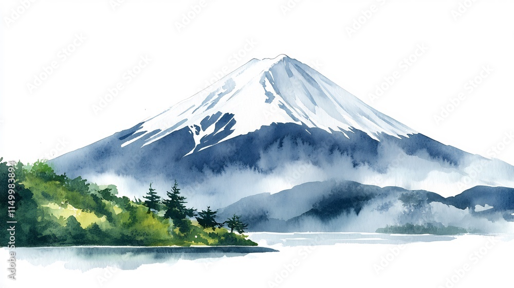 Canvas Prints Serene Watercolor Landscape: Mount Fuji's Majestic Peak Reflecting on a Tranquil Lake