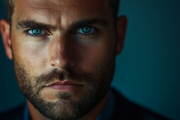 Obraz premium Intense Gaze: A Close-Up Portrait of a Man with Striking Blue Eyes and a Defined Jawline