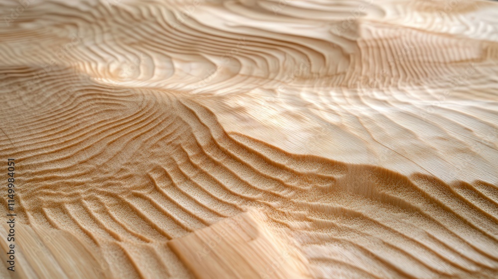 Poster visualize a polished pine wood surface with intricate line textures etched into the grain, creating 