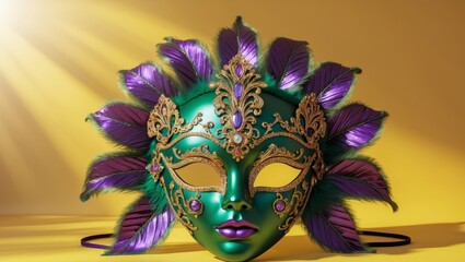 Ornate green and gold carnival mask with purple accents on yellow background