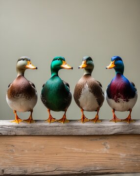 Four Colorful Ducks Standing in a Row on a Wooden Plank