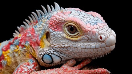 Fototapeta premium Vivid close-up of an iguana showcases its striking scales and textured skin, capturing the beauty of its exotic, vibrant features.