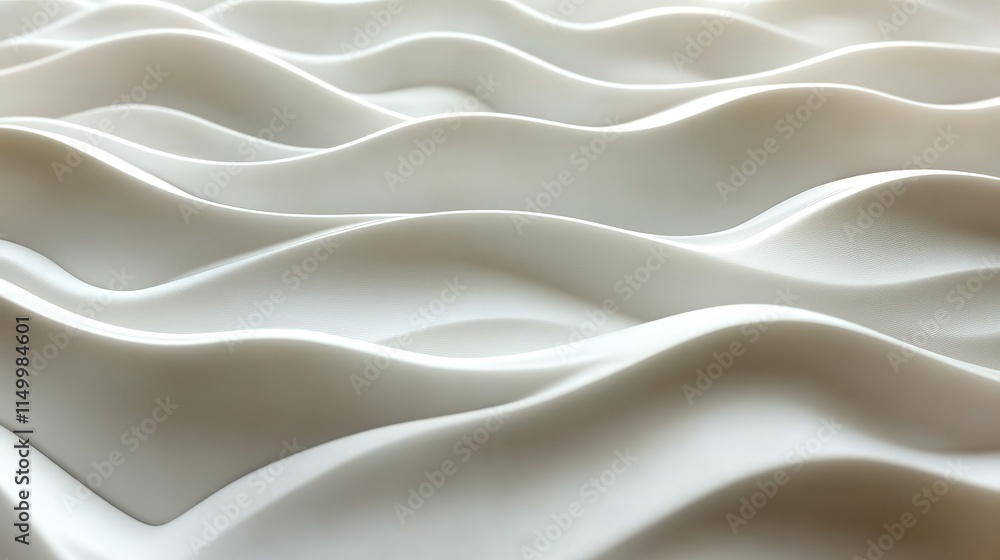 Poster visualize a serene 3d seamless wave pattern in white, with light and shadow subtly enhancing the flo