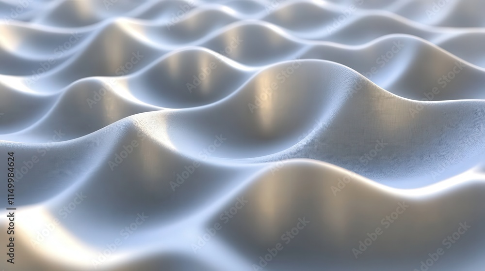 Poster visualize a serene 3d seamless wave pattern in white, with light and shadow subtly enhancing the flo