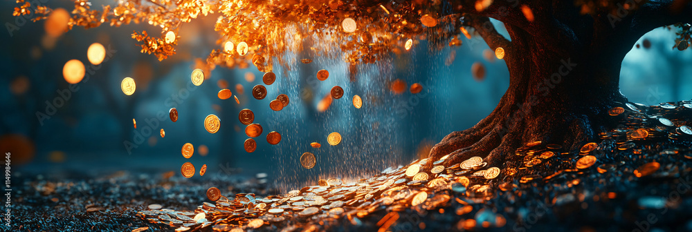 Poster an abstract portrayal of a tree with cascading coins, flowing down like waterfalls, with a figure at