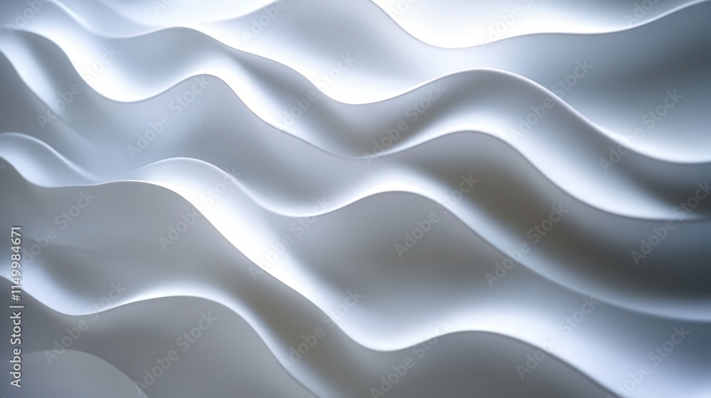Poster visualize a serene 3d seamless wave pattern in white, with light and shadow subtly enhancing the flo
