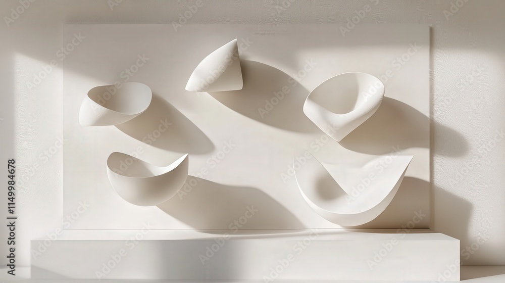 Poster visualize a serene 3d white background with floating, abstract forms, each shape casting soft,