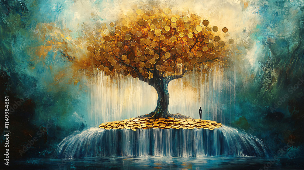 Poster an abstract portrayal of a tree with cascading coins, flowing down like waterfalls, with a figure at