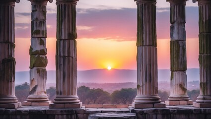 Fototapeta premium Majestic view through ancient stone columns and sunset horizon