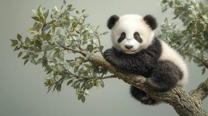 Obraz premium Adorable panda cub sitting on a tree branch, looking at the camera.