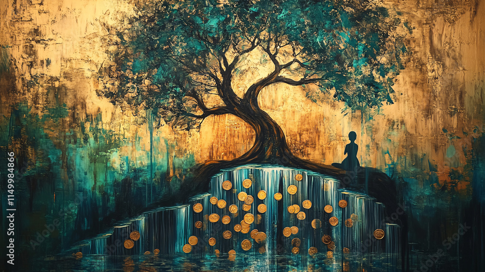 Poster an abstract portrayal of a tree with cascading coins, flowing down like waterfalls, with a figure at