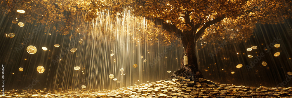 Poster an abstract portrayal of a tree with cascading coins, flowing down like waterfalls, with a figure at