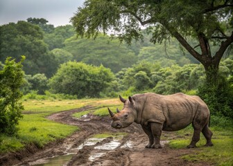 Obraz premium A rhinoceros standing in a muddy patch with a backdrop of lush greenery