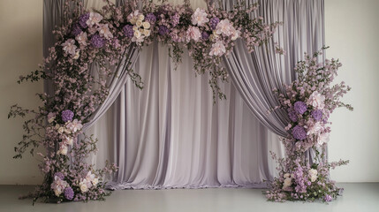 Elegant Photo Backdrop with Silk Drapes, Large Flowers, and Soft Lighting - Perfect for Sophisticated Shoots