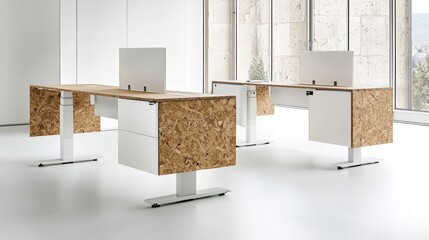 Modern office workspace with stylish desks and minimalist design, promoting productivity and creativity.