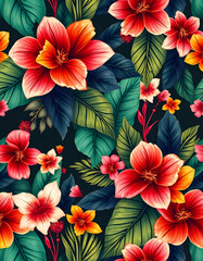 Seamless Pattern of Lush Tropical Flowers and Leaves on Black

