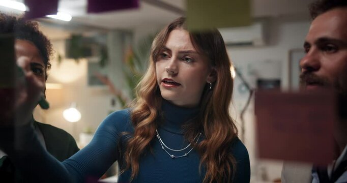 Business people, writing and brainstorming with sticky note at night for schedule planning, project or meeting at office. Group, employees or team with reminder for agenda on glass board at workplace