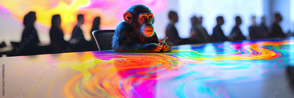 Poster an abstract representation of a monkey brainstorming at a meeting table, surrounded by colorful patt