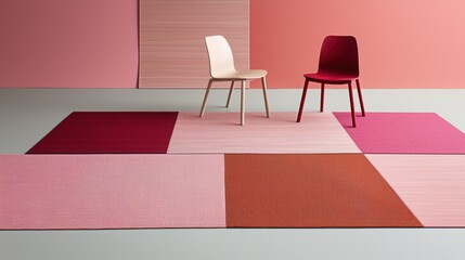 Obraz premium Stylish chairs on colorful patchwork rug create a modern, inviting space for relaxation or social gatherings.
