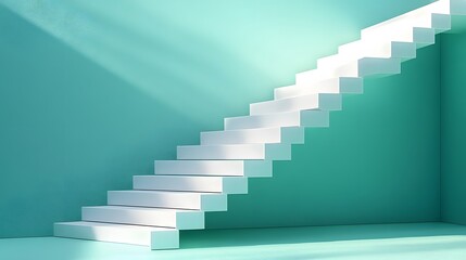 Obraz premium A minimalist white wooden staircase model stands against a mint green background, embodying geometric simplicity and clean architectural lines with a soft shadow for a modern aesthetic.