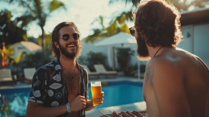 A joyful man holds a glass of beer, sharing laughter and stories with a friend near a sparkling pool. The warm sun casts a relaxing ambiance, perfect for socializing