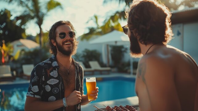 A joyful man holds a glass of beer, sharing laughter and stories with a friend near a sparkling pool. The warm sun casts a relaxing ambiance, perfect for socializing