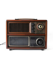 Obraz premium Old vintage wooden radio and media center isolated on white background