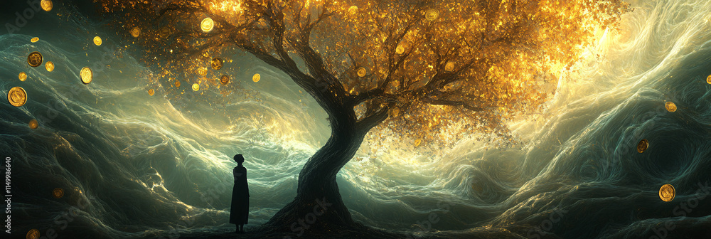 Poster an abstract representation of a tree with golden coin leaves, surrounded by swirling patterns of lig
