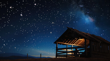wooden stable at dark blue night, jesus christ birth