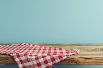 Red checkered tablecloth on wooden table against a blue wall.