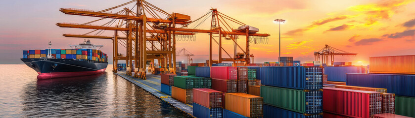 dramatic sunset port view with rich golden tones and stacked shipping containers