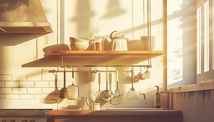 Golden Hour Kitchen,  Sunlight streams into a cozy kitchen, illuminating a shelf of bowls, a hanging rack of utensils, and the warm tones of the counters and walls,