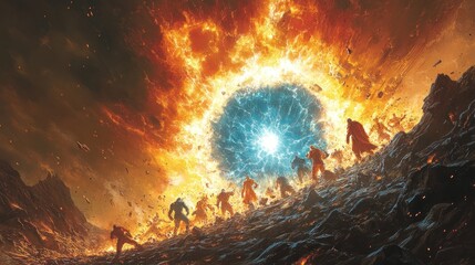 Fiery apocalypse; figures face celestial event.