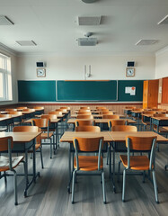 Empty classroom with vintage wooden lecture desks and chairs, back to school concept in high school, secondary education studying, sticker style, with white tones