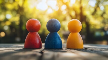 Colorful wooden figures representing diversity outdoor setting photography natural light close-up viewpoint unity concept
