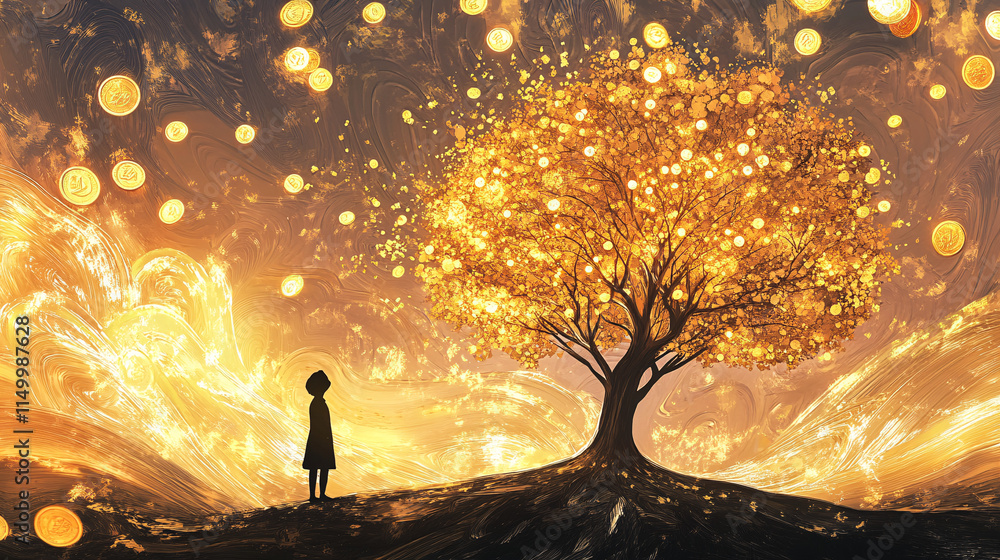 Poster an abstract representation of a tree with golden coin leaves, surrounded by swirling patterns of lig