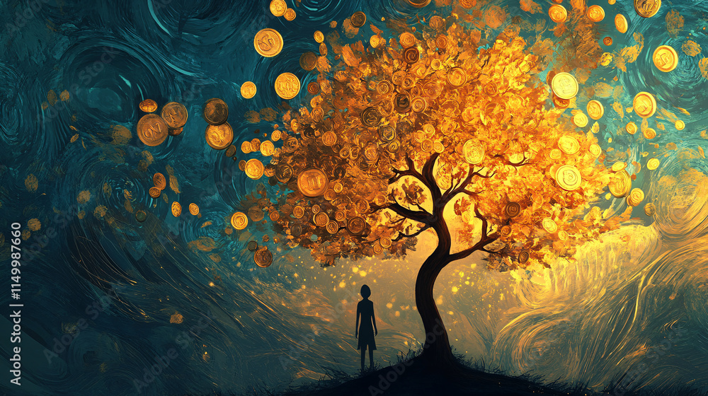 Poster an abstract representation of a tree with golden coin leaves, surrounded by swirling patterns of lig