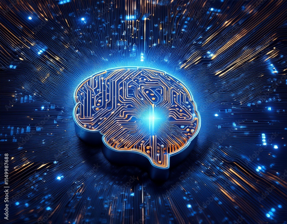 Poster intricate circuit board with illuminated brain symbol representing artificial intelligence technolog