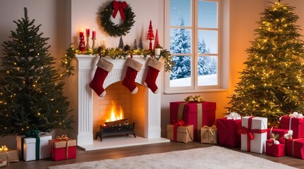Festive Christmas Living Room with Stockings, Gifts, and a Snowy View, Cozy Holiday Interior with Fireplace, Christmas Trees, and Decor, Warm Christmas Scene Featuring a Decorated Fireplace and Pres