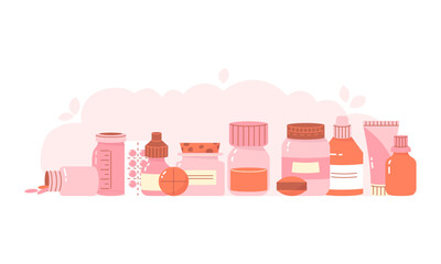 Horizontal banner with tablets, powders, suspensions, solutions, drops, ointments
