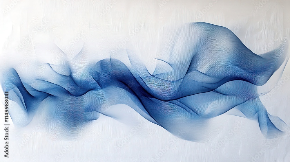 Poster an abstract art piece with a white textured background that feels alive with random blue wave lines.