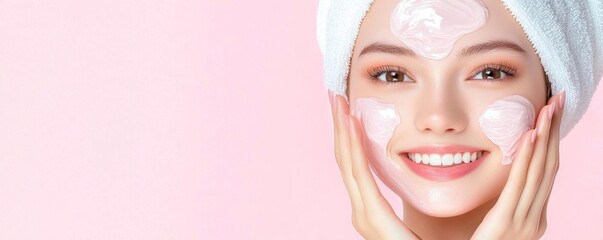 A beautiful girl with a joyful smile, applying a revitalizing face serum