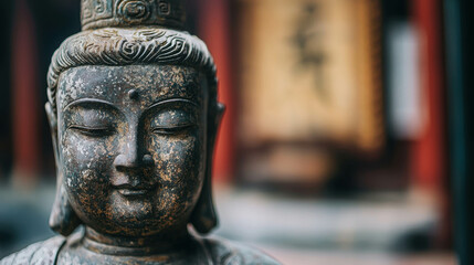 Bronze statue of a serene Chinese deity in a dimly lit indoor setting