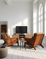 Fototapeta premium Vintage Leather Armchairs and Wooden tv stand in White Scandinavia Interior 3D render, graphic novel art