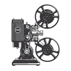 Vintage film projector camera isolated on the white background, side view. Black and white hand drawn vector illustration