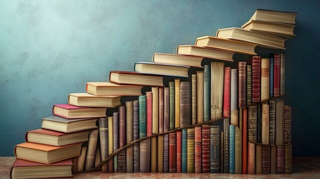 A creative arrangement of vintage books forming a spiral staircase against a textured background. The colorful spines add visual appeal, making this image perfect for literature, learning, or creative